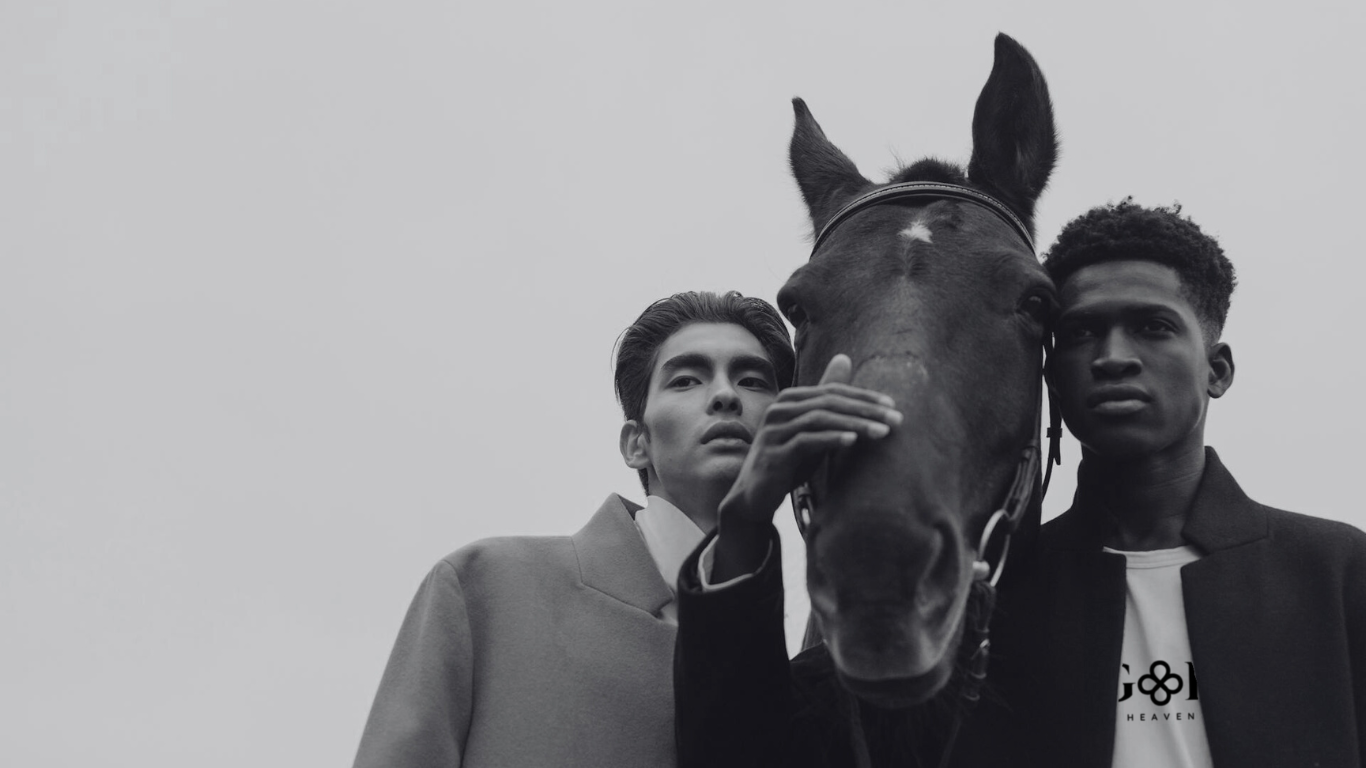 GOE Collection photoshoot, model next to horse